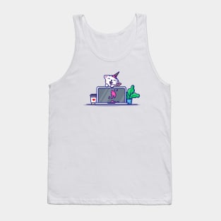 Cat With Laptop Cartoon Vector Icon Illustration Tank Top